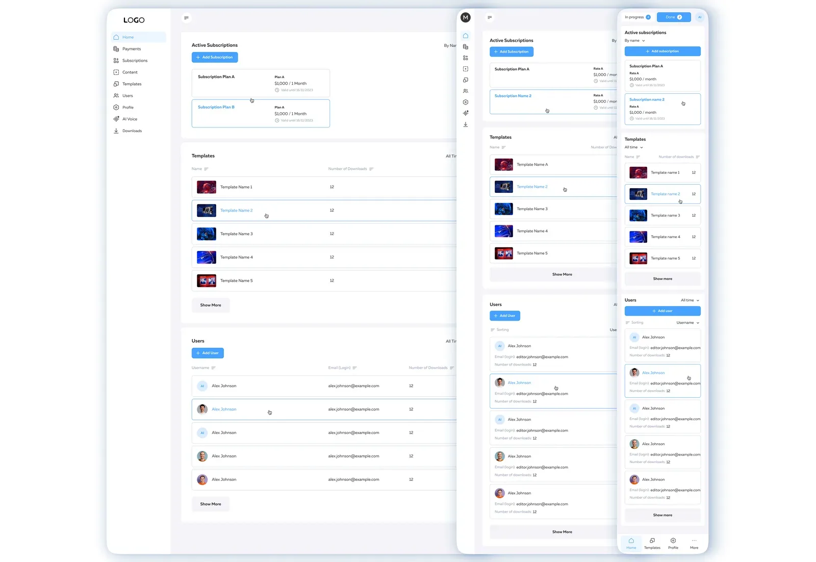 B2B SaaS dashboard with subscriptions, templates, and users across responsive layouts