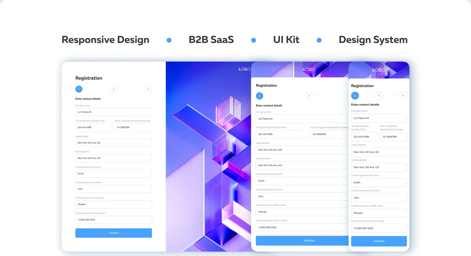 Registration workflow shown across desktop, tablet, and mobile layouts
