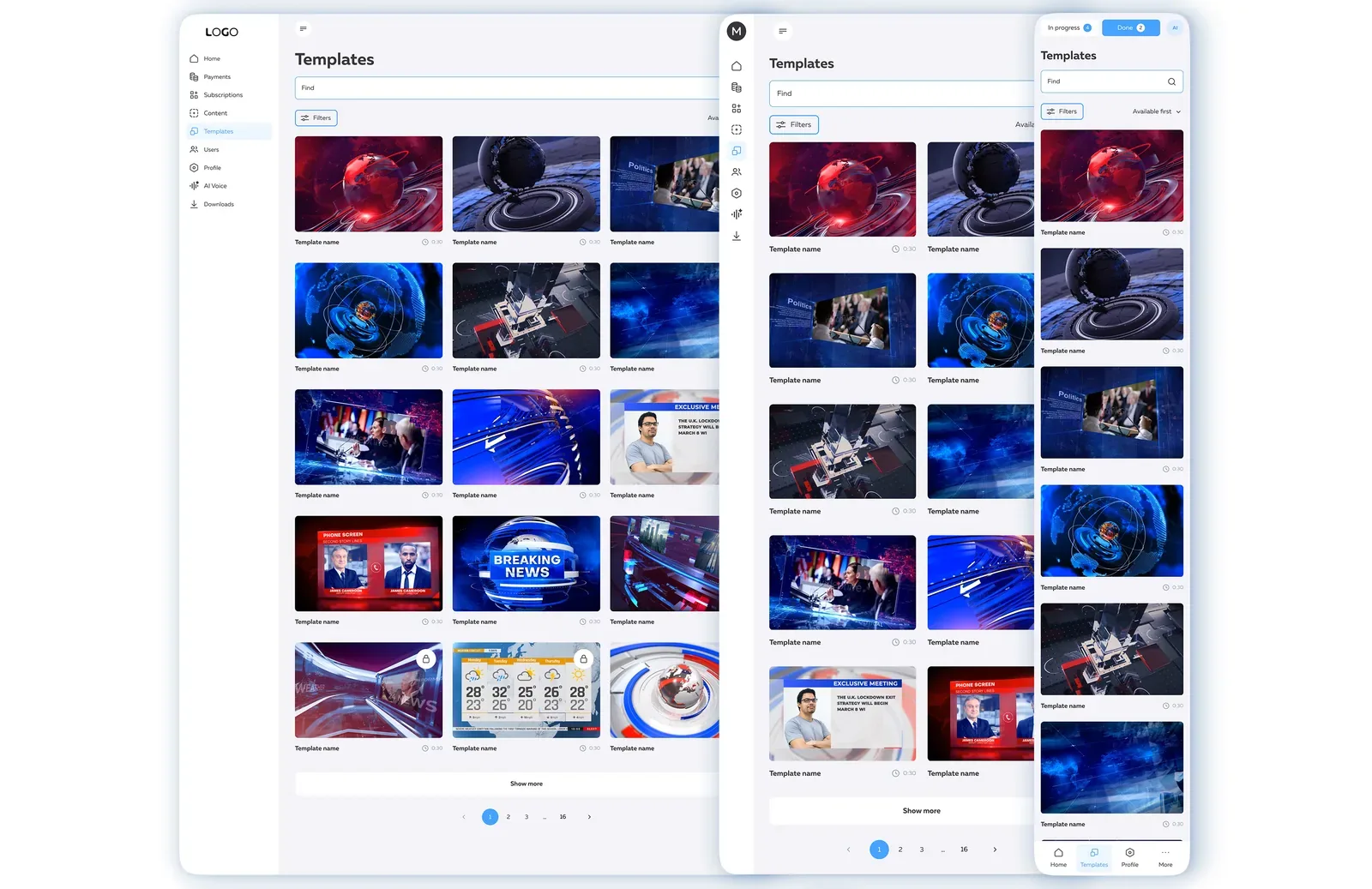 Responsive template library with search, filters, cards, and pagination